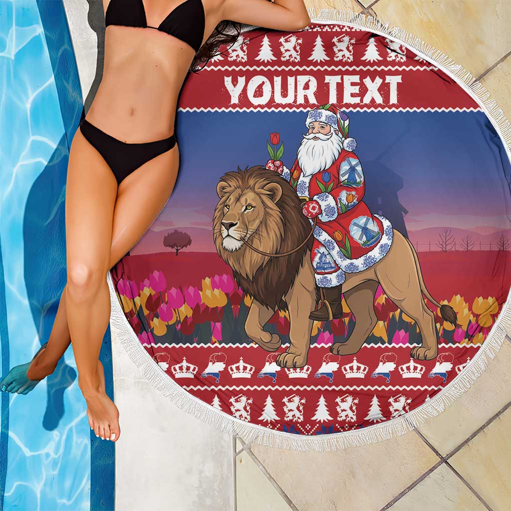 Netherlands Christmas Personalized Beach Blanket Santa Riding Lion Fijne Kerstdagen - Wonder Print Shop