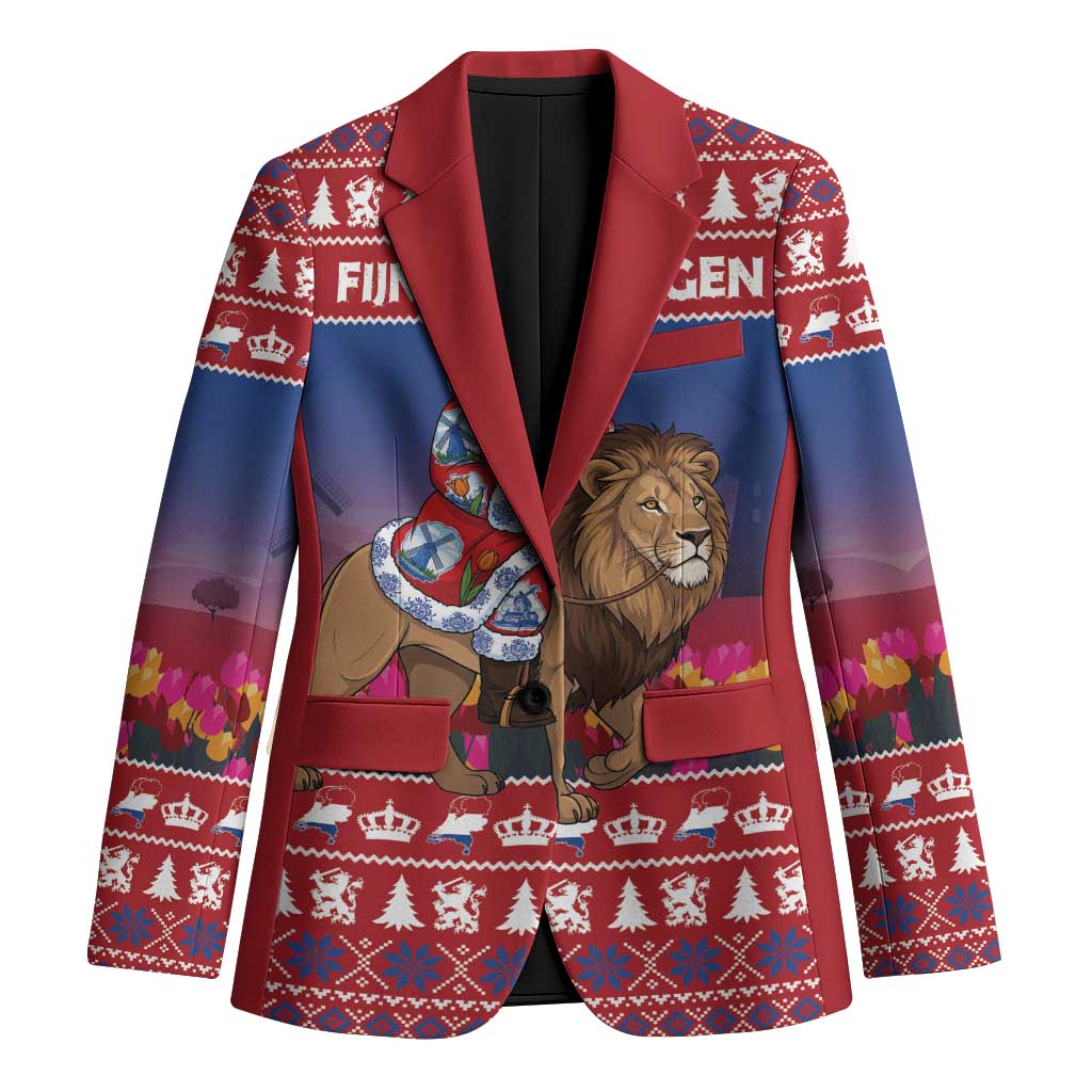 Netherlands Christmas Personalized Blazer Santa Riding Lion Fijne Kerstdagen - Wonder Print Shop