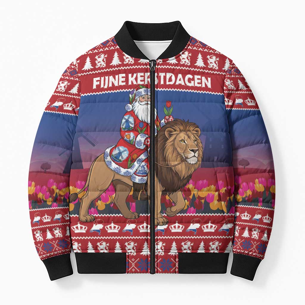 Netherlands Christmas Personalized Bomber Puffer Jacket Santa Riding Lion Fijne Kerstdagen - Wonder Print Shop