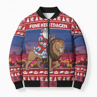 Netherlands Christmas Personalized Bomber Puffer Jacket Santa Riding Lion Fijne Kerstdagen - Wonder Print Shop
