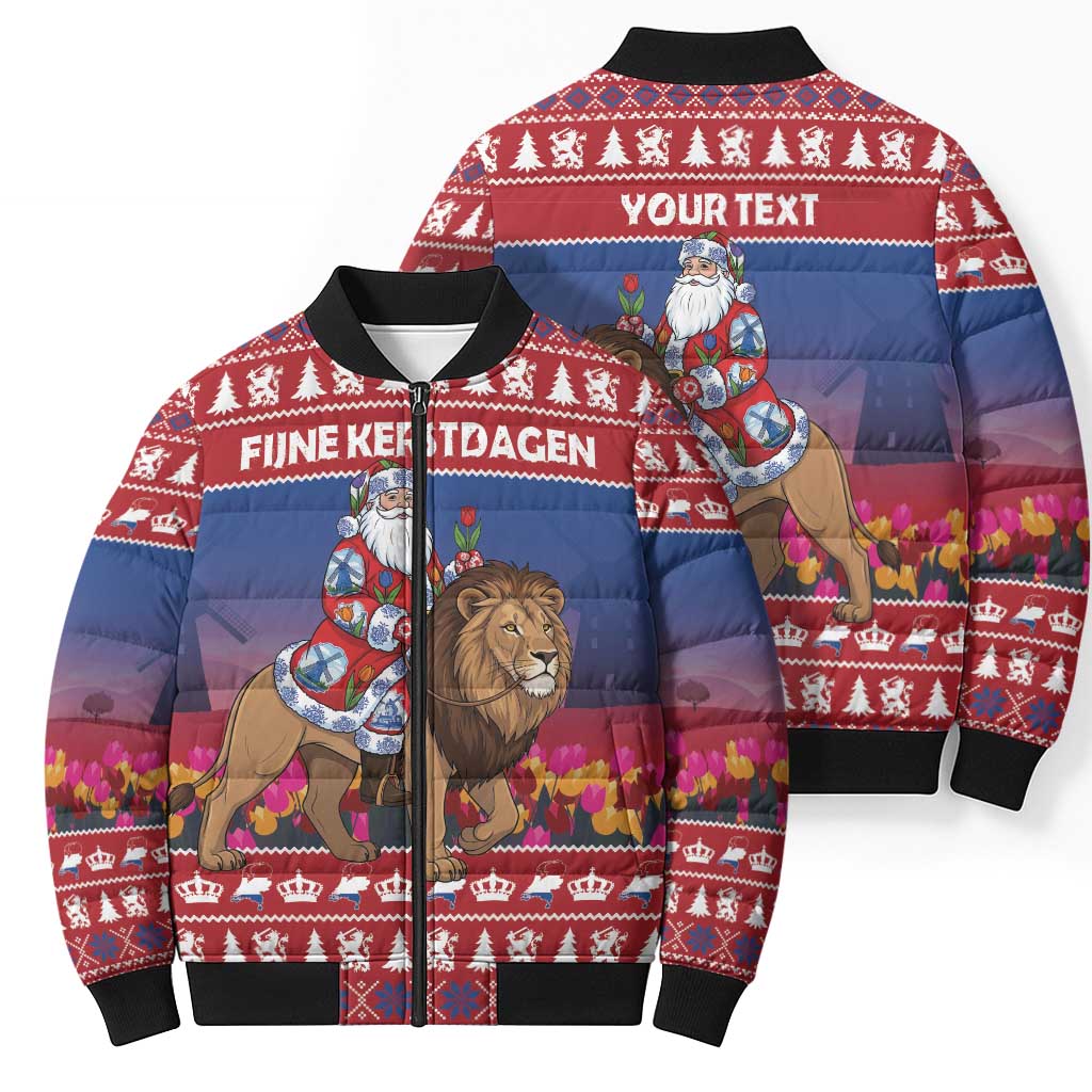 Netherlands Christmas Personalized Bomber Puffer Jacket Santa Riding Lion Fijne Kerstdagen - Wonder Print Shop