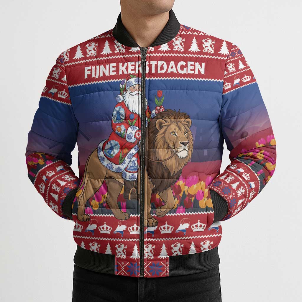 Netherlands Christmas Personalized Bomber Puffer Jacket Santa Riding Lion Fijne Kerstdagen - Wonder Print Shop