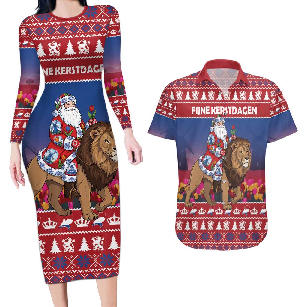 Netherlands Christmas Personalized Couples Matching Long Sleeve Bodycon Dress and Hawaiian Shirt Santa Riding Lion Fijne Kerstdagen - Wonder Print Shop