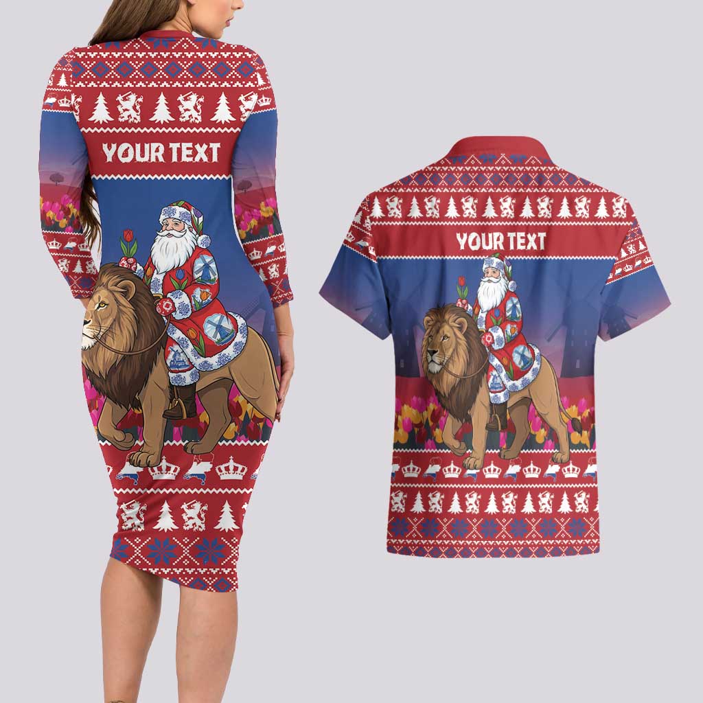 Netherlands Christmas Personalized Couples Matching Long Sleeve Bodycon Dress and Hawaiian Shirt Santa Riding Lion Fijne Kerstdagen - Wonder Print Shop