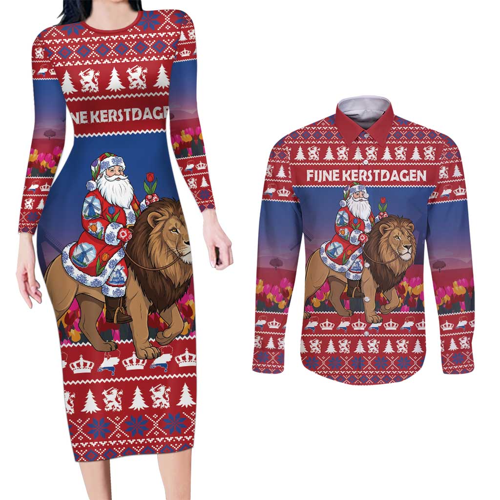 Netherlands Christmas Personalized Couples Matching Long Sleeve Bodycon Dress and Long Sleeve Button Shirt Santa Riding Lion Fijne Kerstdagen - Wonder Print Shop