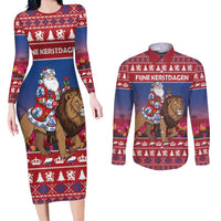 Netherlands Christmas Personalized Couples Matching Long Sleeve Bodycon Dress and Long Sleeve Button Shirt Santa Riding Lion Fijne Kerstdagen - Wonder Print Shop