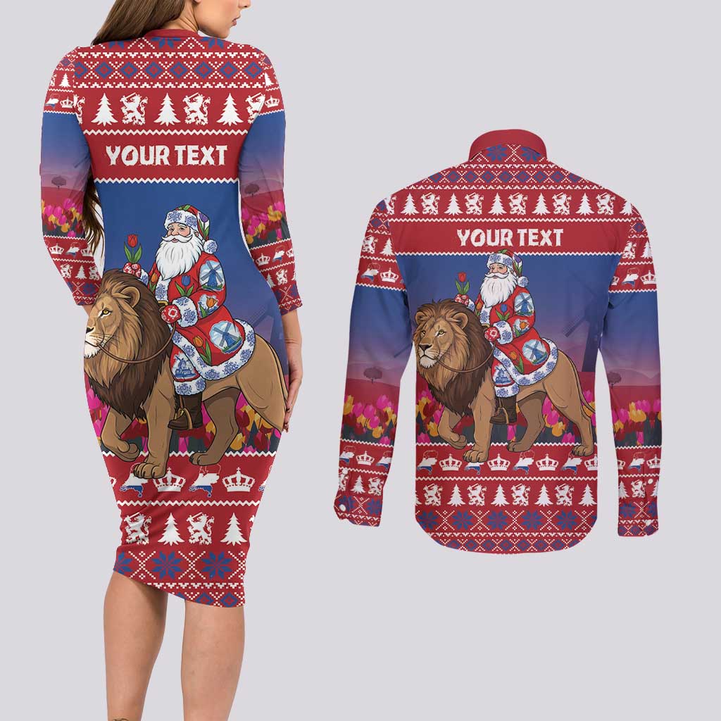 Netherlands Christmas Personalized Couples Matching Long Sleeve Bodycon Dress and Long Sleeve Button Shirt Santa Riding Lion Fijne Kerstdagen - Wonder Print Shop