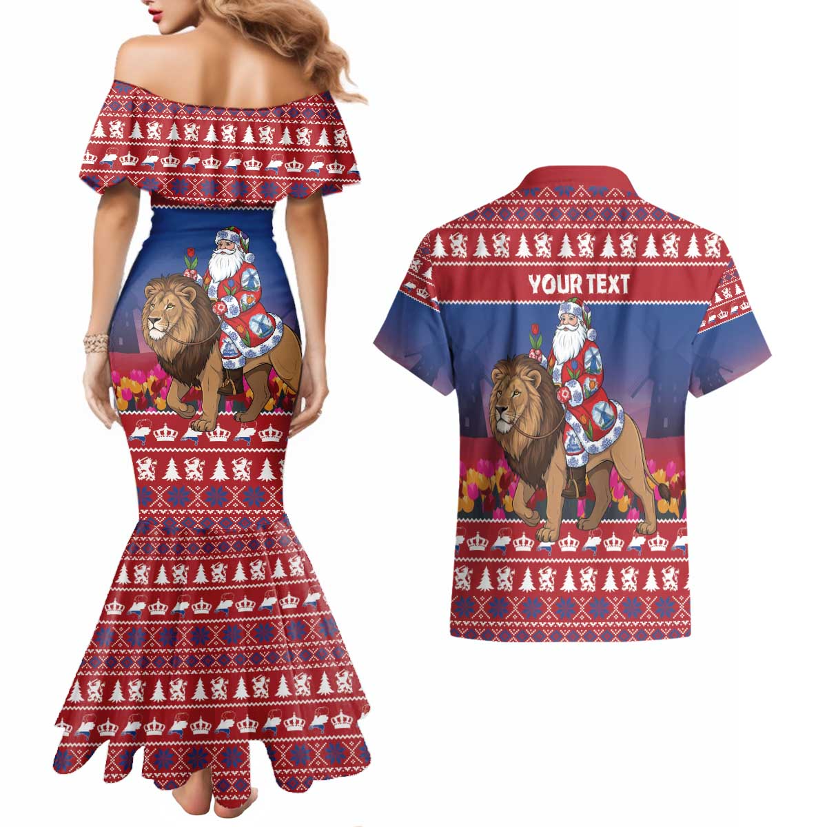 Netherlands Christmas Personalized Couples Matching Mermaid Dress and Hawaiian Shirt Santa Riding Lion Fijne Kerstdagen - Wonder Print Shop
