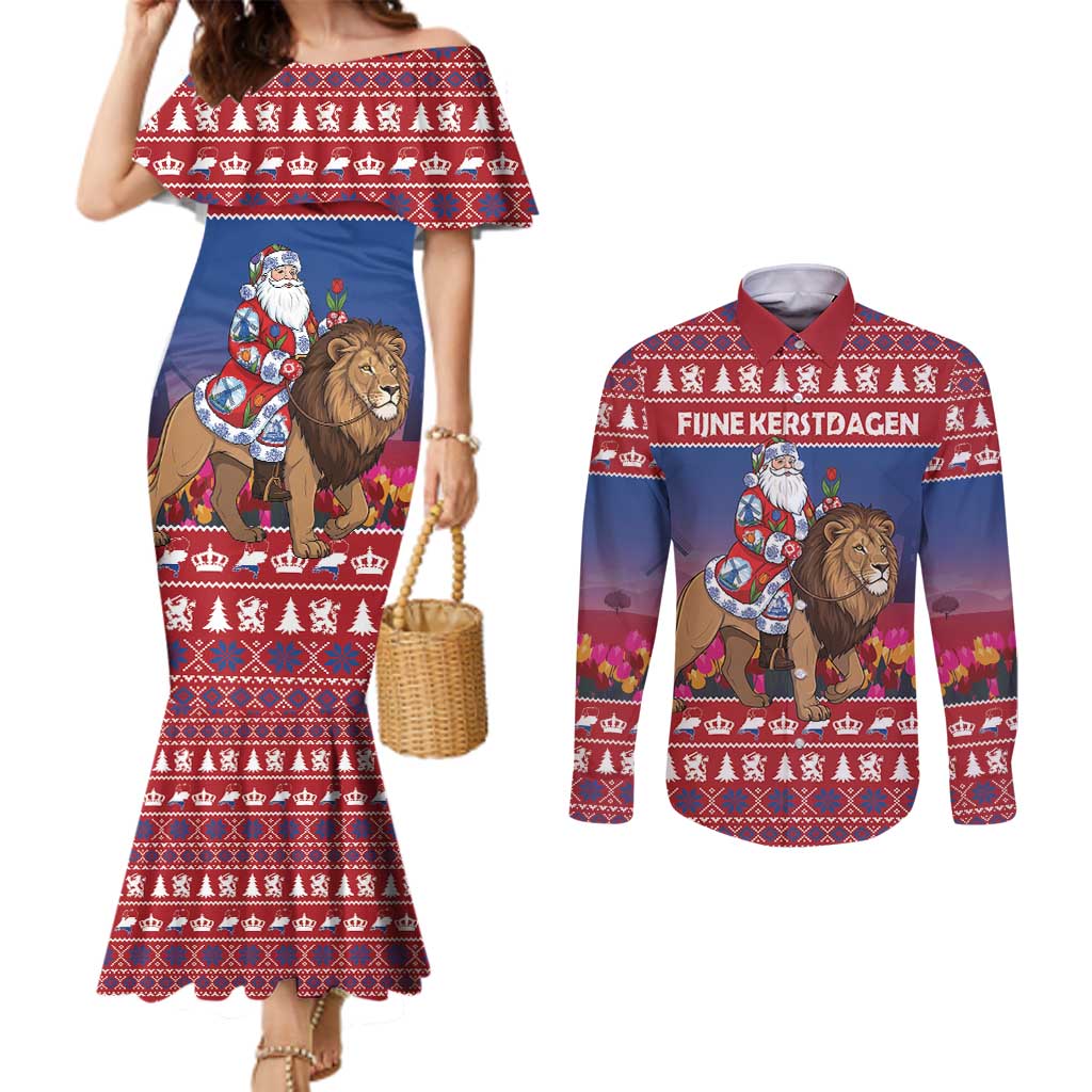 Netherlands Christmas Personalized Couples Matching Mermaid Dress and Long Sleeve Button Shirt Santa Riding Lion Fijne Kerstdagen - Wonder Print Shop