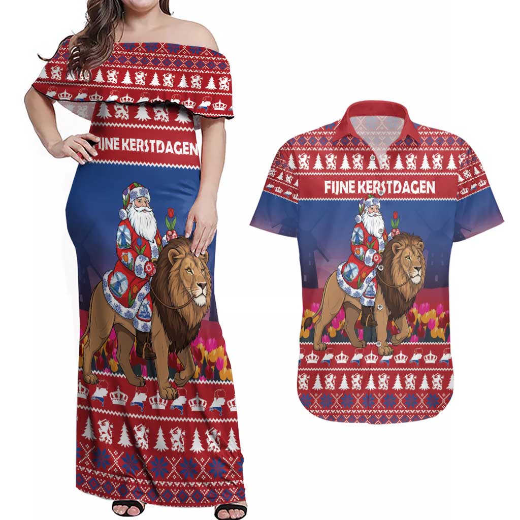 Netherlands Christmas Personalized Couples Matching Off Shoulder Maxi Dress and Hawaiian Shirt Santa Riding Lion Fijne Kerstdagen - Wonder Print Shop