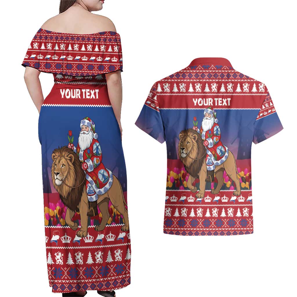 Netherlands Christmas Personalized Couples Matching Off Shoulder Maxi Dress and Hawaiian Shirt Santa Riding Lion Fijne Kerstdagen - Wonder Print Shop