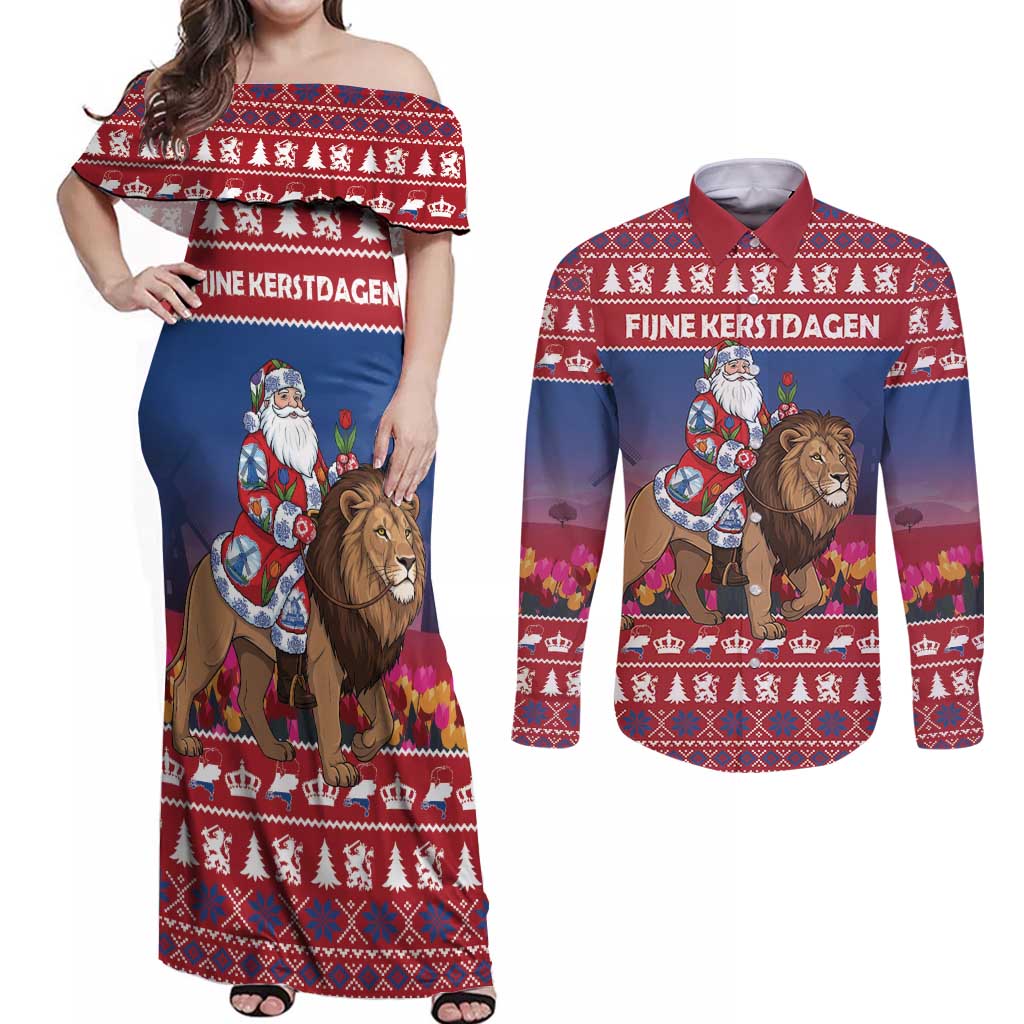 Netherlands Christmas Personalized Couples Matching Off Shoulder Maxi Dress and Long Sleeve Button Shirt Santa Riding Lion Fijne Kerstdagen - Wonder Print Shop