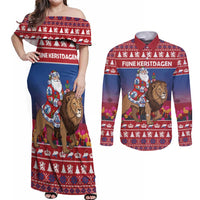 Netherlands Christmas Personalized Couples Matching Off Shoulder Maxi Dress and Long Sleeve Button Shirt Santa Riding Lion Fijne Kerstdagen - Wonder Print Shop