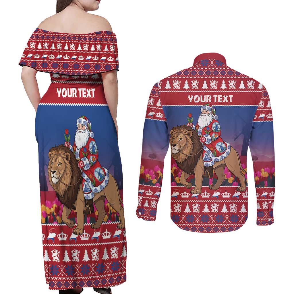 Netherlands Christmas Personalized Couples Matching Off Shoulder Maxi Dress and Long Sleeve Button Shirt Santa Riding Lion Fijne Kerstdagen - Wonder Print Shop