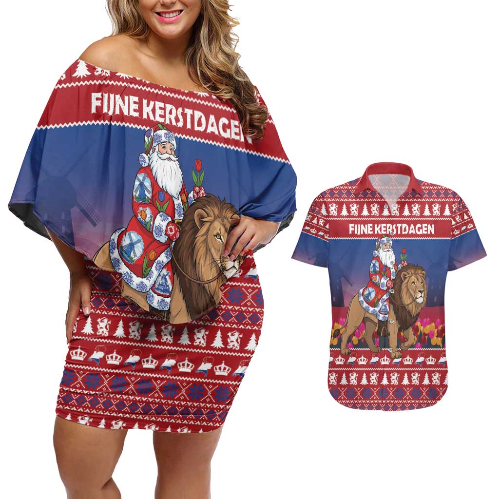 Netherlands Christmas Personalized Couples Matching Off Shoulder Short Dress and Hawaiian Shirt Santa Riding Lion Fijne Kerstdagen - Wonder Print Shop