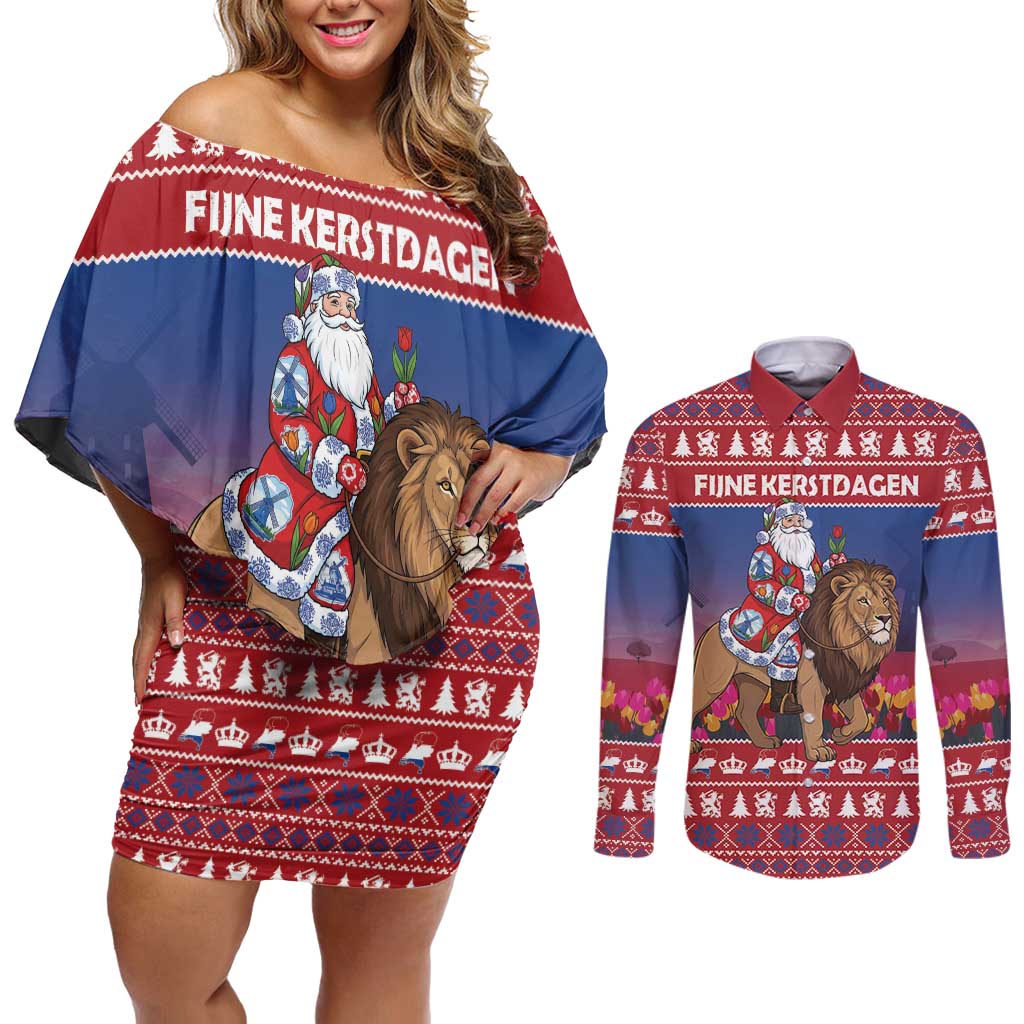 Netherlands Christmas Personalized Couples Matching Off Shoulder Short Dress and Long Sleeve Button Shirt Santa Riding Lion Fijne Kerstdagen - Wonder Print Shop