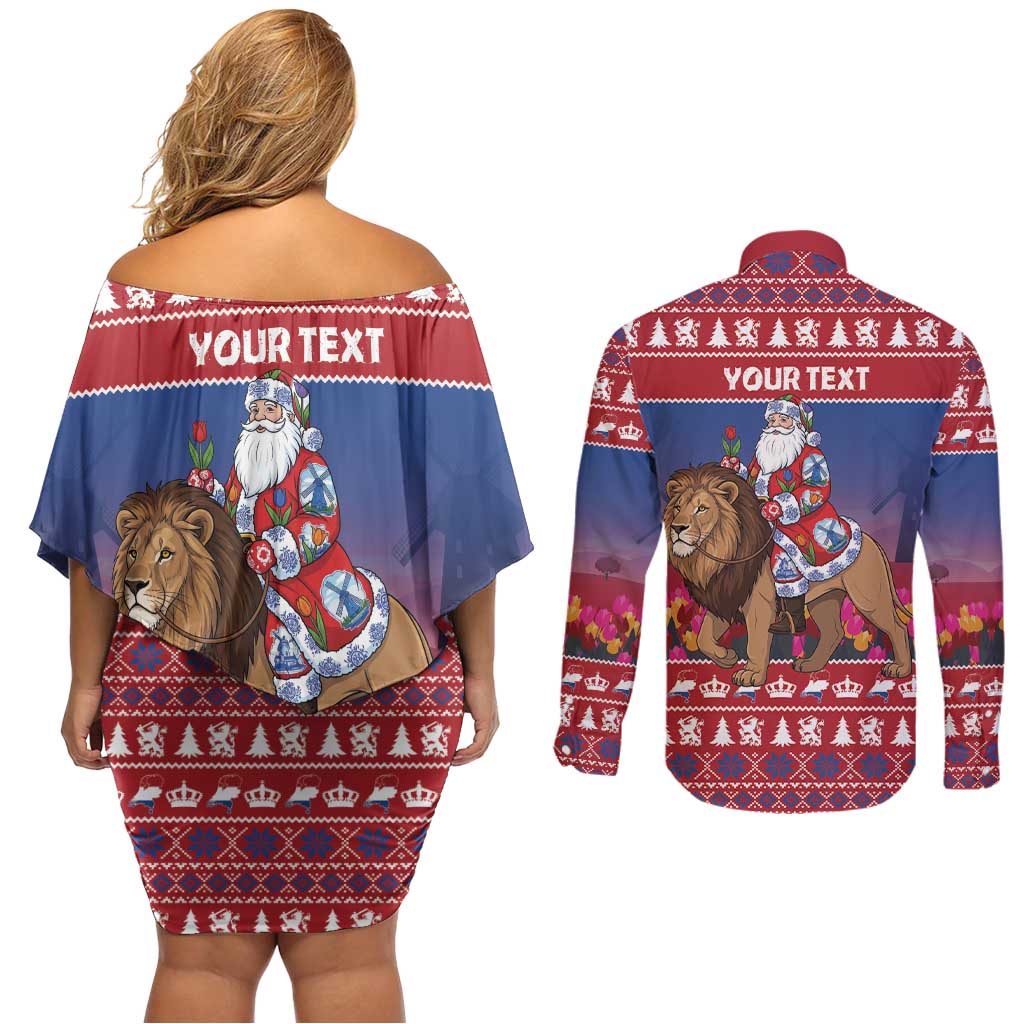 Netherlands Christmas Personalized Couples Matching Off Shoulder Short Dress and Long Sleeve Button Shirt Santa Riding Lion Fijne Kerstdagen - Wonder Print Shop