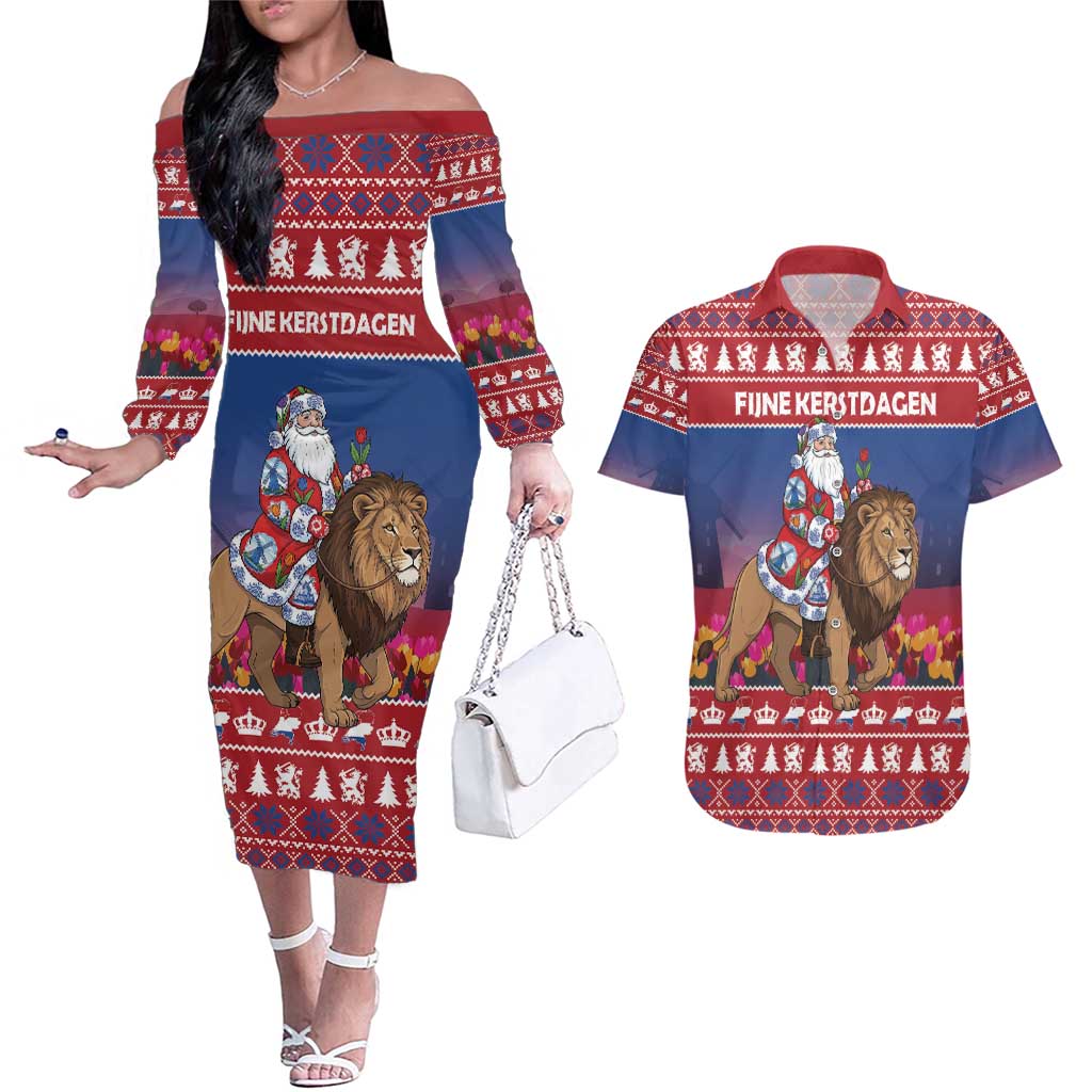 Netherlands Christmas Personalized Couples Matching Off The Shoulder Long Sleeve Dress and Hawaiian Shirt Santa Riding Lion Fijne Kerstdagen - Wonder Print Shop