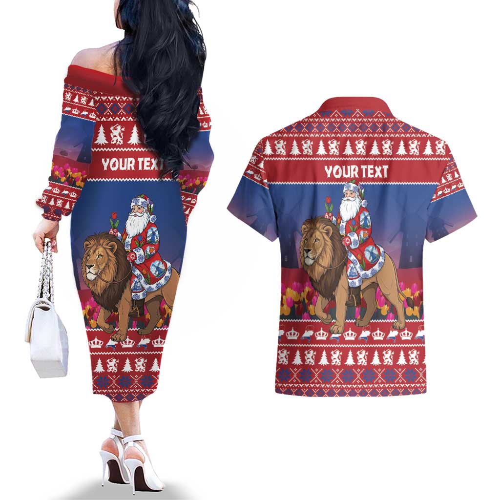 Netherlands Christmas Personalized Couples Matching Off The Shoulder Long Sleeve Dress and Hawaiian Shirt Santa Riding Lion Fijne Kerstdagen - Wonder Print Shop