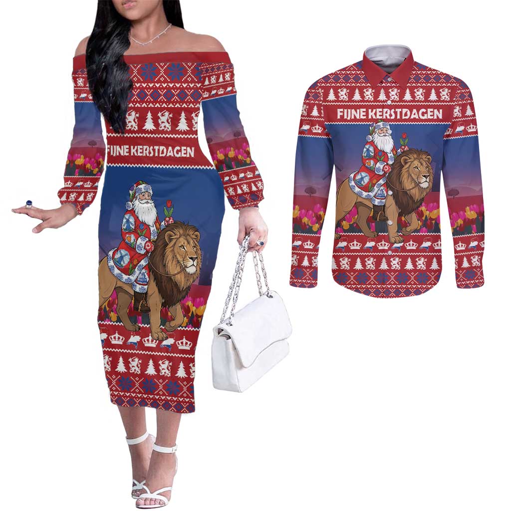 Netherlands Christmas Personalized Couples Matching Off The Shoulder Long Sleeve Dress and Long Sleeve Button Shirt Santa Riding Lion Fijne Kerstdagen - Wonder Print Shop