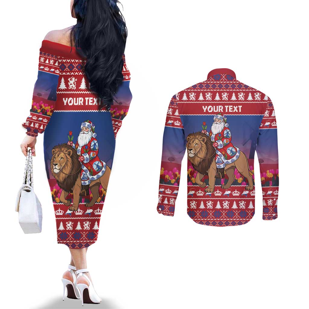 Netherlands Christmas Personalized Couples Matching Off The Shoulder Long Sleeve Dress and Long Sleeve Button Shirt Santa Riding Lion Fijne Kerstdagen - Wonder Print Shop