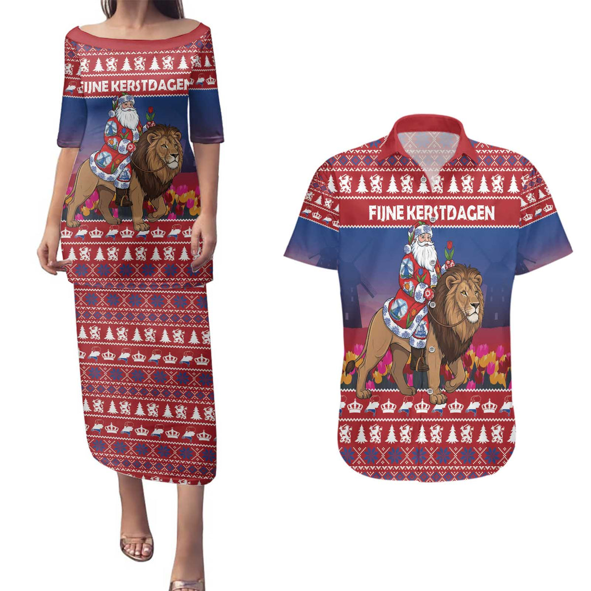 Netherlands Christmas Personalized Couples Matching Puletasi and Hawaiian Shirt Santa Riding Lion Fijne Kerstdagen - Wonder Print Shop