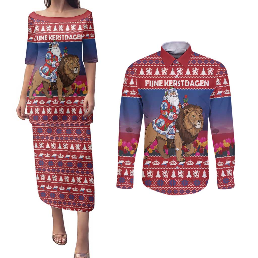 Netherlands Christmas Personalized Couples Matching Puletasi and Long Sleeve Button Shirt Santa Riding Lion Fijne Kerstdagen - Wonder Print Shop