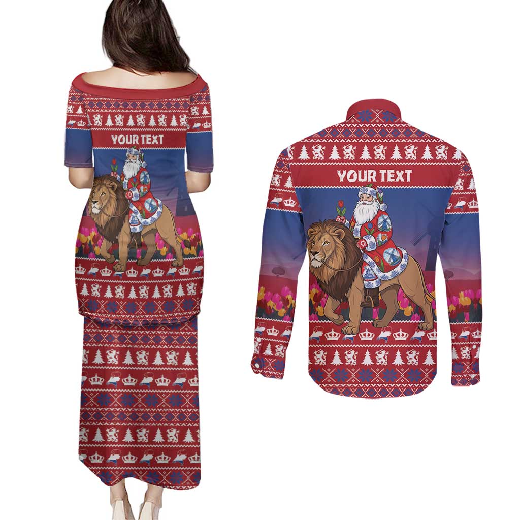 Netherlands Christmas Personalized Couples Matching Puletasi and Long Sleeve Button Shirt Santa Riding Lion Fijne Kerstdagen - Wonder Print Shop