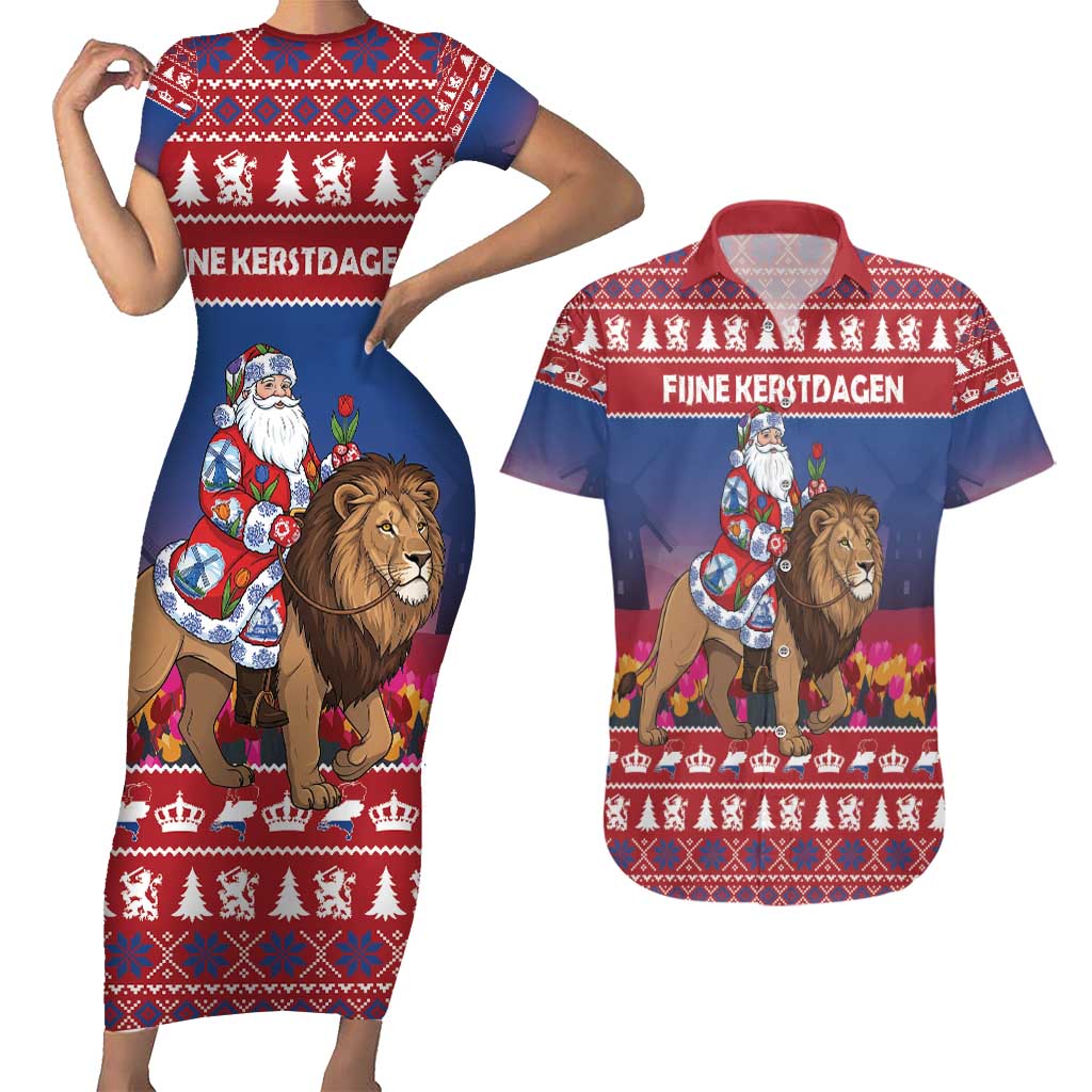 Netherlands Christmas Personalized Couples Matching Short Sleeve Bodycon Dress and Hawaiian Shirt Santa Riding Lion Fijne Kerstdagen - Wonder Print Shop