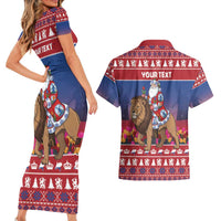 Netherlands Christmas Personalized Couples Matching Short Sleeve Bodycon Dress and Hawaiian Shirt Santa Riding Lion Fijne Kerstdagen - Wonder Print Shop