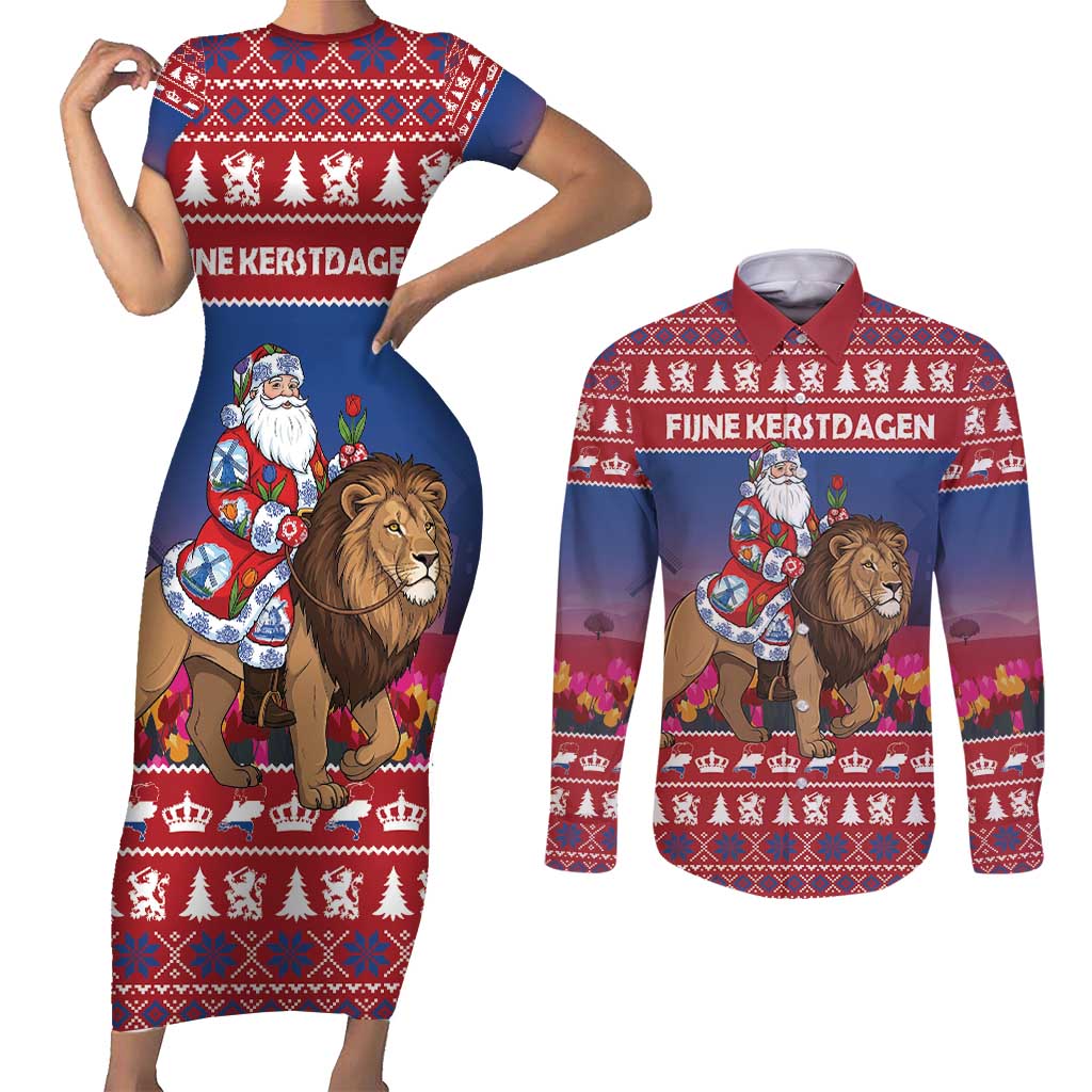 Netherlands Christmas Personalized Couples Matching Short Sleeve Bodycon Dress and Long Sleeve Button Shirt Santa Riding Lion Fijne Kerstdagen - Wonder Print Shop