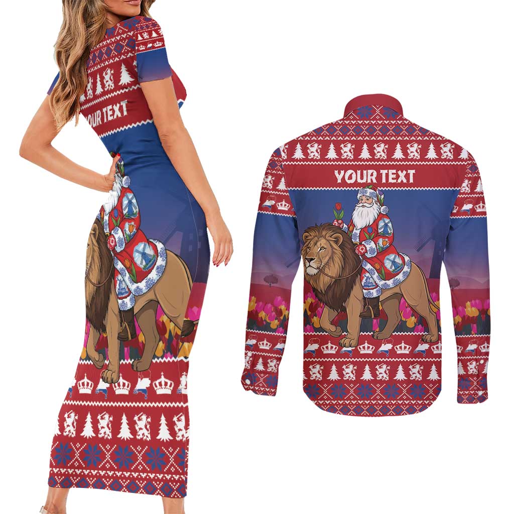 Netherlands Christmas Personalized Couples Matching Short Sleeve Bodycon Dress and Long Sleeve Button Shirt Santa Riding Lion Fijne Kerstdagen - Wonder Print Shop