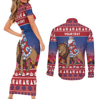 Netherlands Christmas Personalized Couples Matching Short Sleeve Bodycon Dress and Long Sleeve Button Shirt Santa Riding Lion Fijne Kerstdagen - Wonder Print Shop