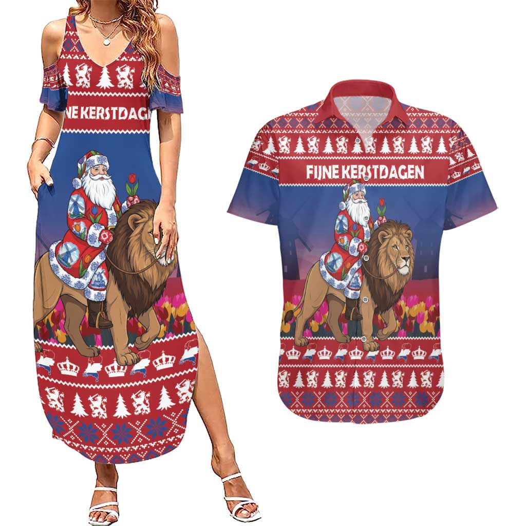 Netherlands Christmas Personalized Couples Matching Summer Maxi Dress and Hawaiian Shirt Santa Riding Lion Fijne Kerstdagen - Wonder Print Shop