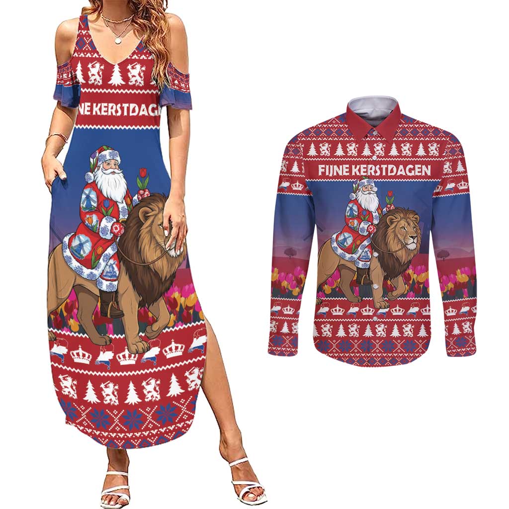 Netherlands Christmas Personalized Couples Matching Summer Maxi Dress and Long Sleeve Button Shirt Santa Riding Lion Fijne Kerstdagen - Wonder Print Shop