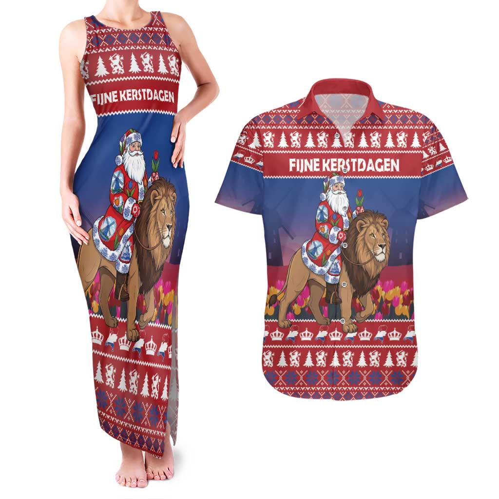 Netherlands Christmas Personalized Couples Matching Tank Maxi Dress and Hawaiian Shirt Santa Riding Lion Fijne Kerstdagen - Wonder Print Shop