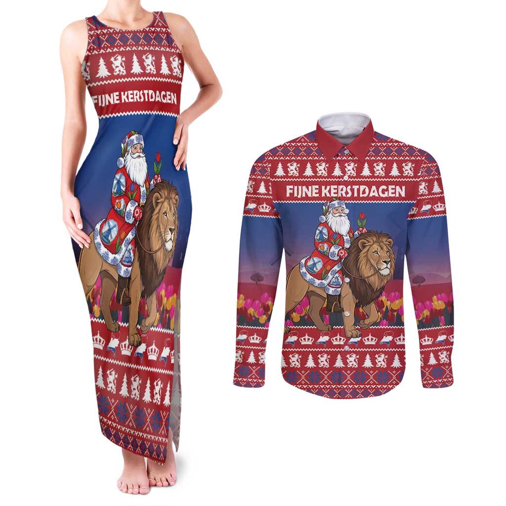 Netherlands Christmas Personalized Couples Matching Tank Maxi Dress and Long Sleeve Button Shirt Santa Riding Lion Fijne Kerstdagen - Wonder Print Shop