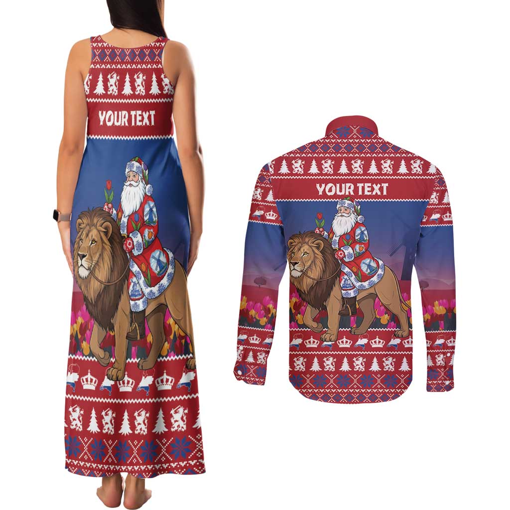 Netherlands Christmas Personalized Couples Matching Tank Maxi Dress and Long Sleeve Button Shirt Santa Riding Lion Fijne Kerstdagen - Wonder Print Shop