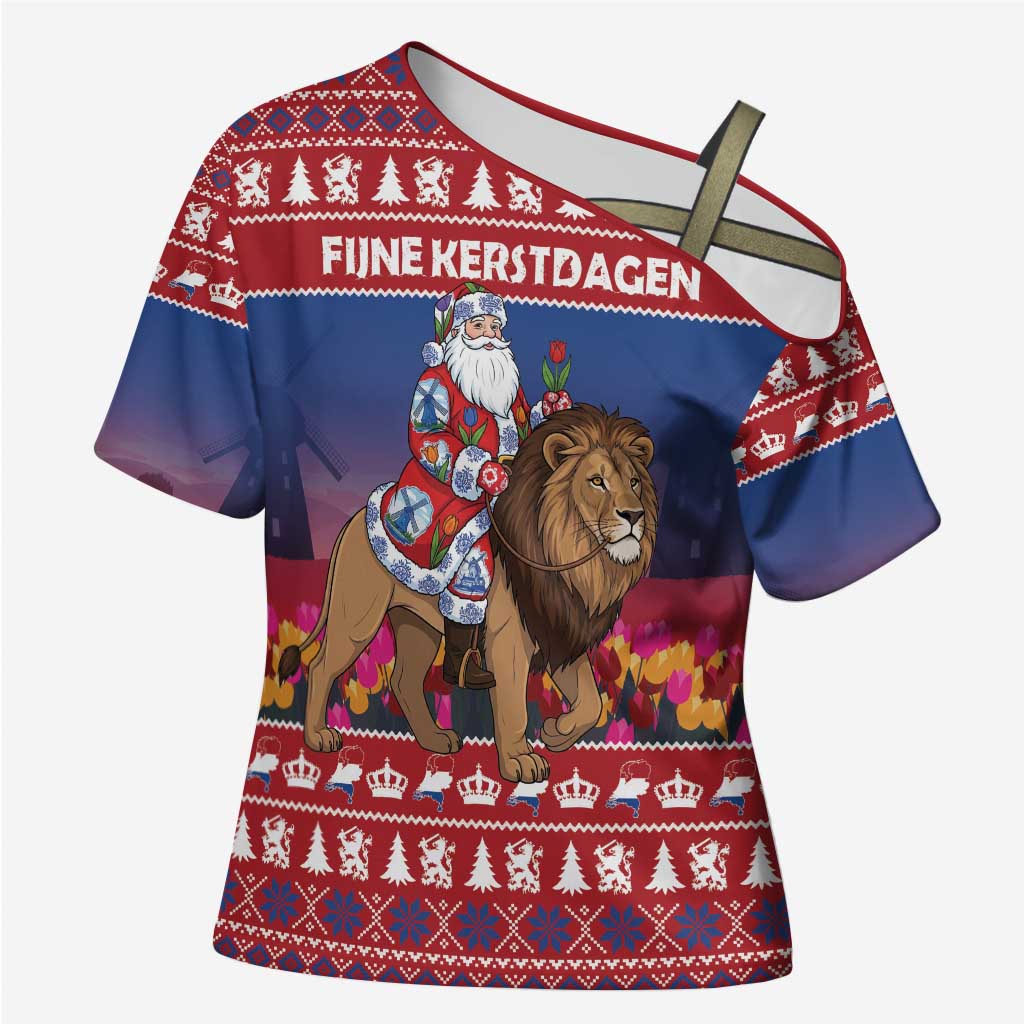 Netherlands Christmas Personalized Cross Shoulder Shirt Santa Riding Lion Fijne Kerstdagen - Wonder Print Shop