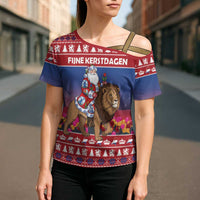 Netherlands Christmas Personalized Cross Shoulder Shirt Santa Riding Lion Fijne Kerstdagen - Wonder Print Shop