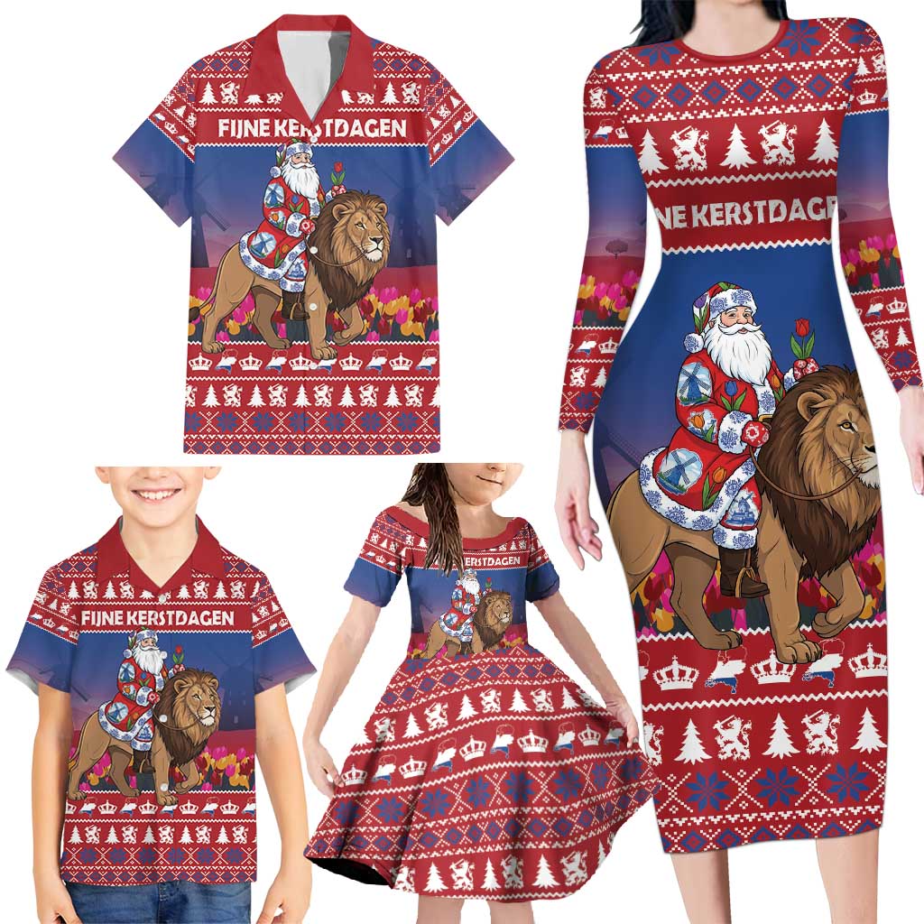 Netherlands Christmas Personalized Family Matching Long Sleeve Bodycon Dress and Hawaiian Shirt Santa Riding Lion Fijne Kerstdagen - Wonder Print Shop