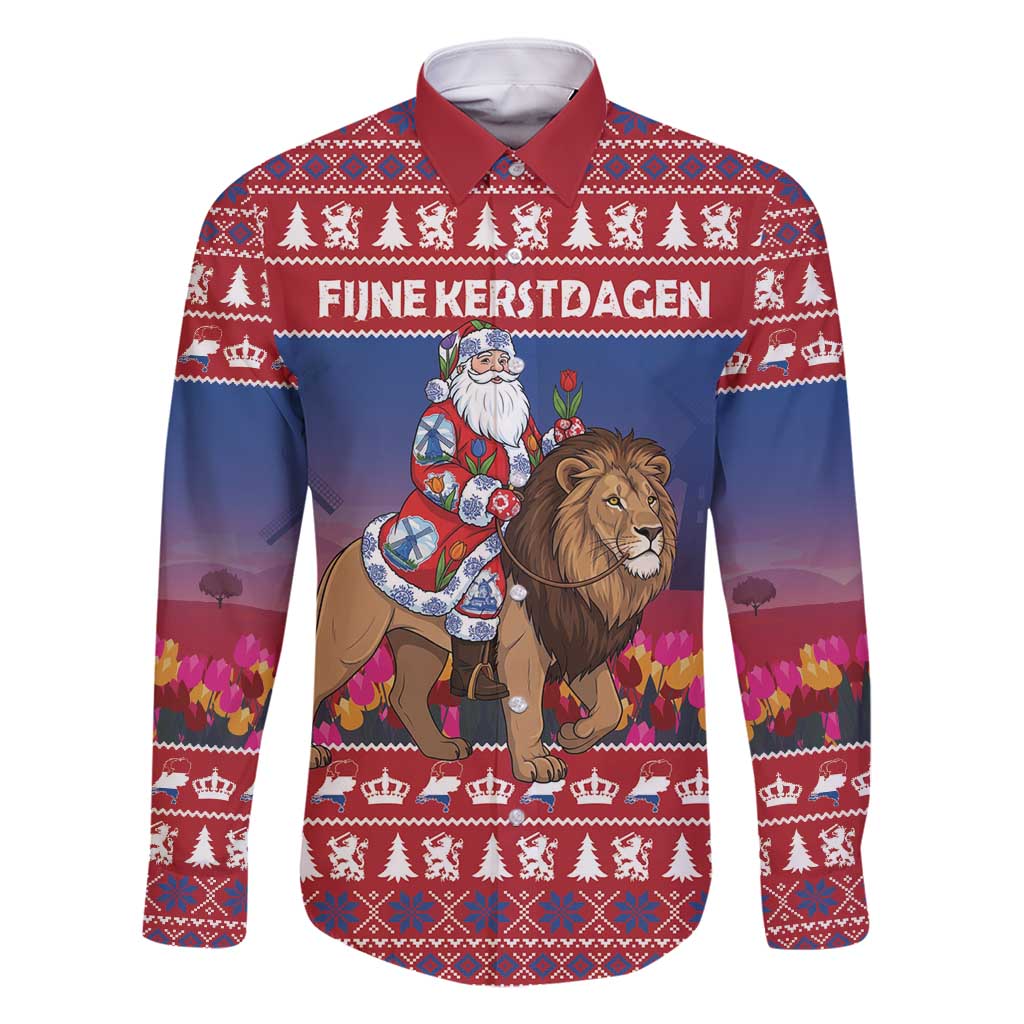 Netherlands Christmas Personalized Family Matching Long Sleeve Bodycon Dress and Hawaiian Shirt Santa Riding Lion Fijne Kerstdagen - Wonder Print Shop