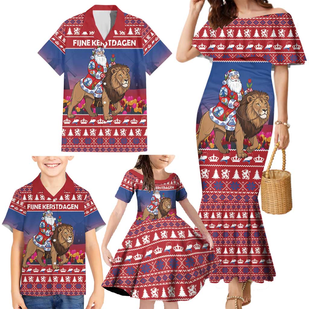 Netherlands Christmas Personalized Family Matching Mermaid Dress and Hawaiian Shirt Santa Riding Lion Fijne Kerstdagen - Wonder Print Shop