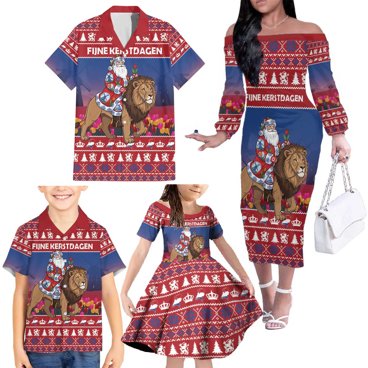 Netherlands Christmas Personalized Family Matching Off The Shoulder Long Sleeve Dress and Hawaiian Shirt Santa Riding Lion Fijne Kerstdagen - Wonder Print Shop