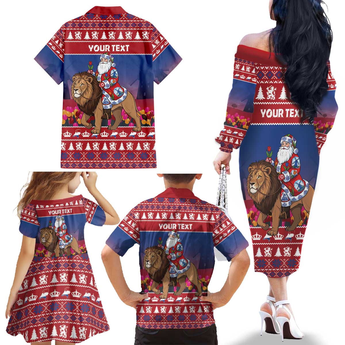 Netherlands Christmas Personalized Family Matching Off The Shoulder Long Sleeve Dress and Hawaiian Shirt Santa Riding Lion Fijne Kerstdagen - Wonder Print Shop