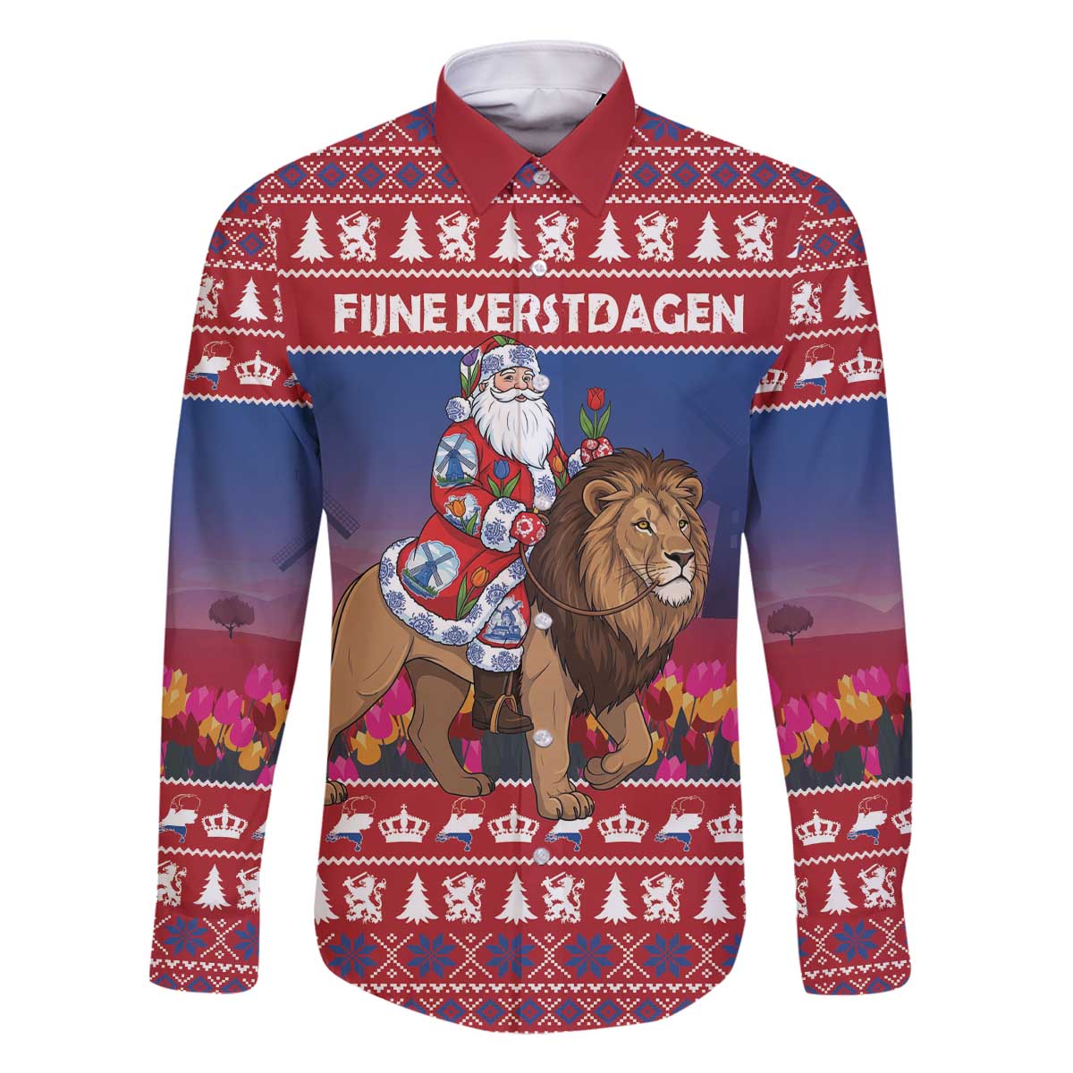 Netherlands Christmas Personalized Family Matching Off The Shoulder Long Sleeve Dress and Hawaiian Shirt Santa Riding Lion Fijne Kerstdagen - Wonder Print Shop