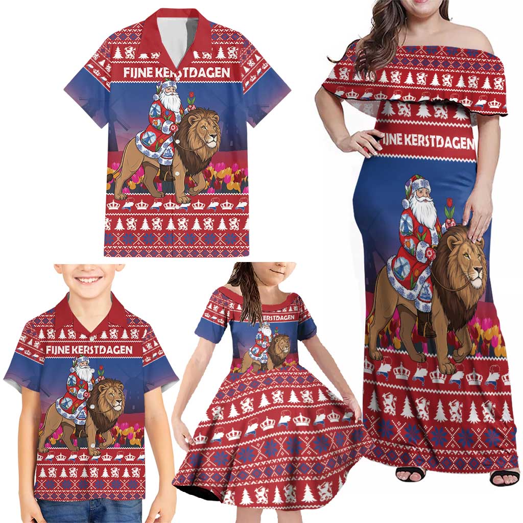 Netherlands Christmas Personalized Family Matching Off Shoulder Maxi Dress and Hawaiian Shirt Santa Riding Lion Fijne Kerstdagen - Wonder Print Shop