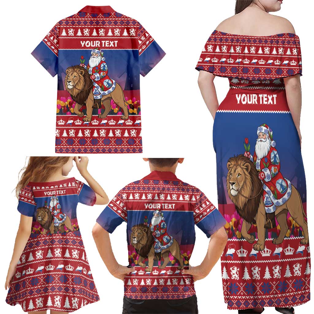 Netherlands Christmas Personalized Family Matching Off Shoulder Maxi Dress and Hawaiian Shirt Santa Riding Lion Fijne Kerstdagen - Wonder Print Shop