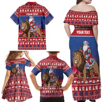 Netherlands Christmas Personalized Family Matching Off Shoulder Maxi Dress and Hawaiian Shirt Santa Riding Lion Fijne Kerstdagen - Wonder Print Shop