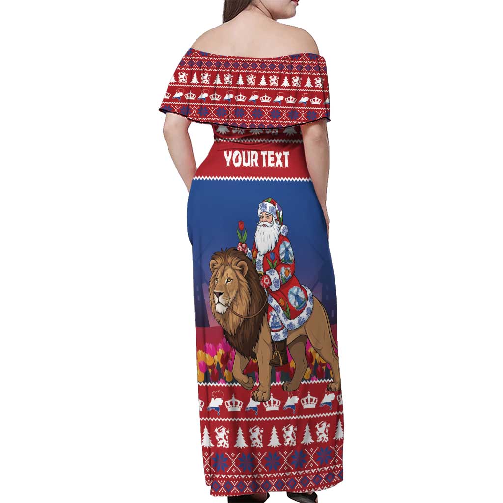 Netherlands Christmas Personalized Family Matching Off Shoulder Maxi Dress and Hawaiian Shirt Santa Riding Lion Fijne Kerstdagen - Wonder Print Shop